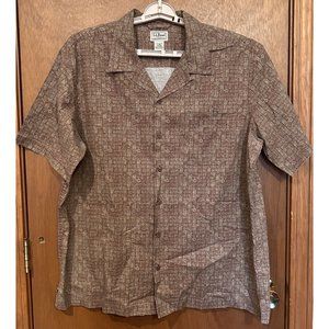 LL Bean Shirt Mens Large Burgundy Tiki Hawaiian‎ Tribal Island Button Up S/S